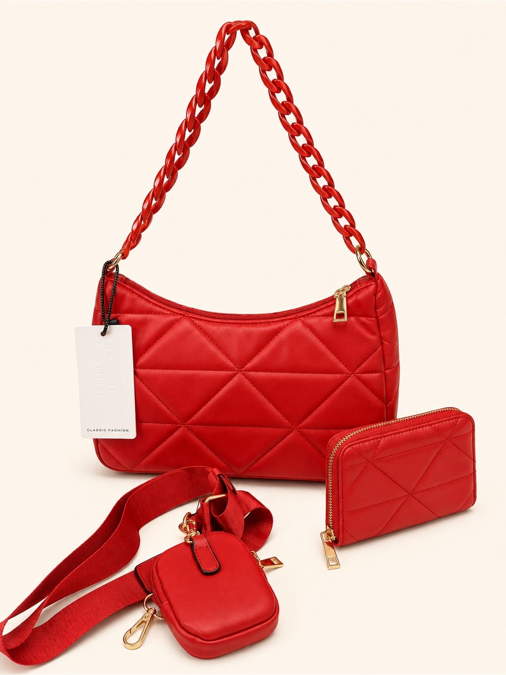 Quilted Red Shoulder Bag Set with Wallet and Strap